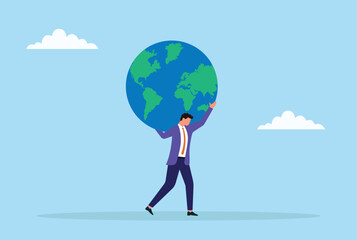 Vector illustration of a businessman carrying the globe on his shoulders, symbolizing responsibility, leadership, hard work, and the burden of global challenges
