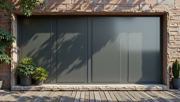 Modern Gray Door in Stone Wall with Potted Plants on Wooden Deck