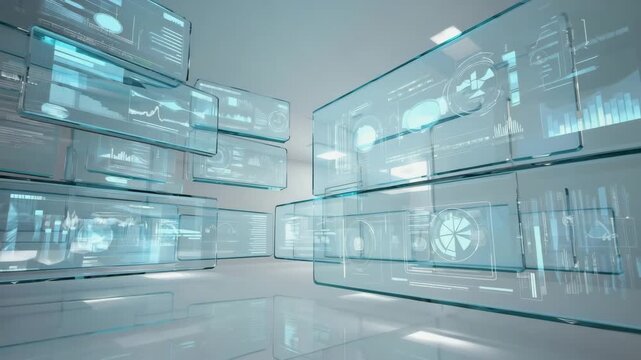 Futuristic glass panels displaying data in white room