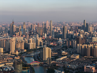Aerial view of Tianjin city skyline at dusk time, Tianjin, China