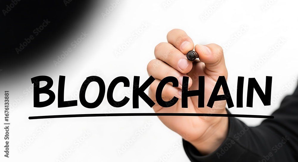 Poster close up of a hand writing the word blockchain on a white background, tote bag mockup, canvas tote b