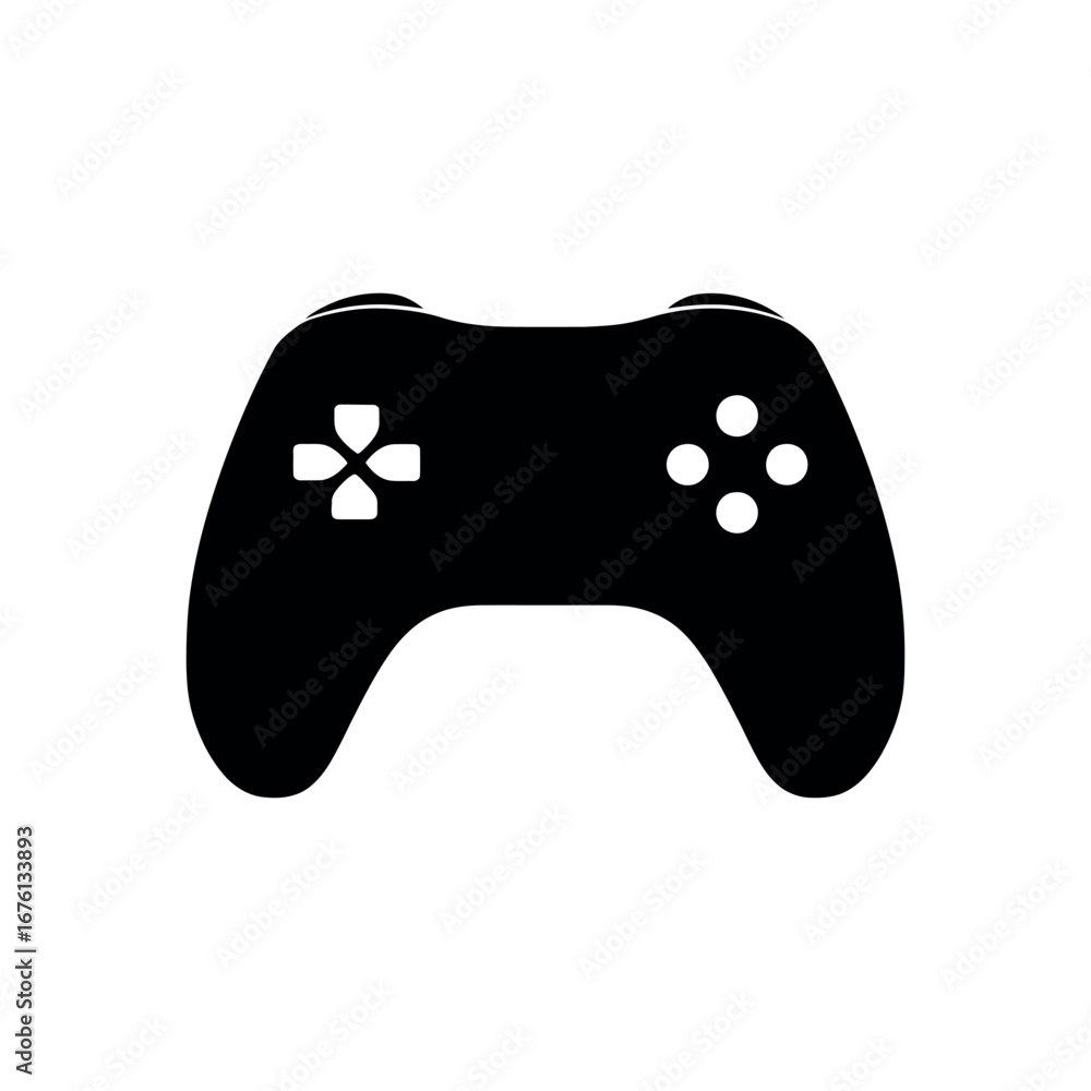 Poster illustration of a black gamepad controller with a directional pad and four circular buttons icon des