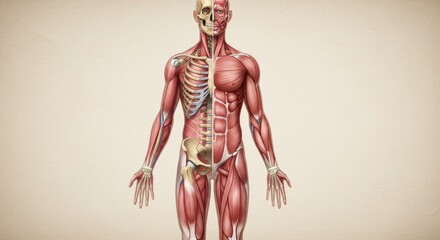 Detailed Anatomical Illustration of Human Musculoskeletal System and Skull.