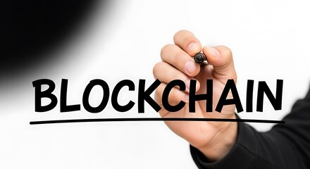 Close up of a hand writing the word blockchain on a white background