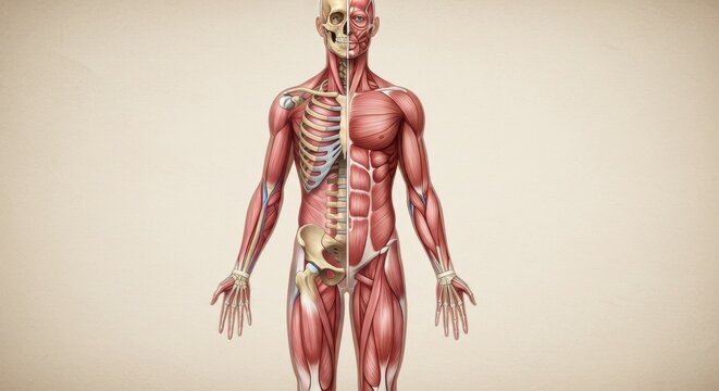 Detailed Anatomical Illustration of Human Musculoskeletal System and Skull.