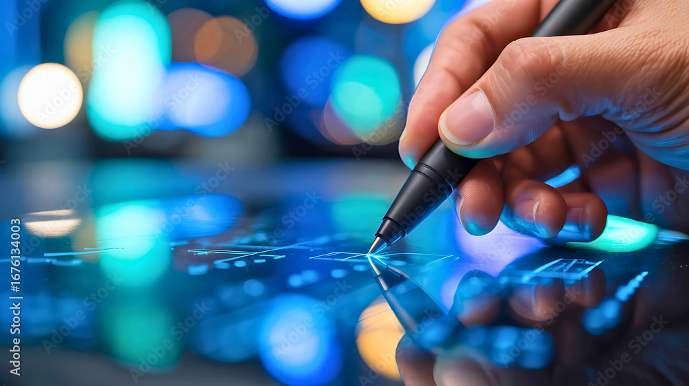 Poster a business professional's hand using a stylus to analyze complex data charts on a modern digital tab
