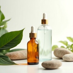 Amber Serum Bottle and Skincare Toner with Greenery and Rocks on White Background