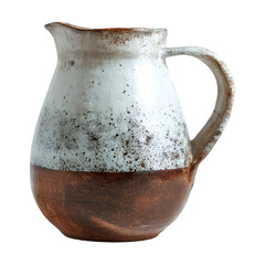 Rustic ceramic pitcher with a speckled white glaze over a rich brown base isolated on transparent background
