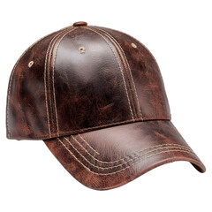 A stylish brown leather baseball cap with detailed stitching and a worn vintage look isolated on transparent background