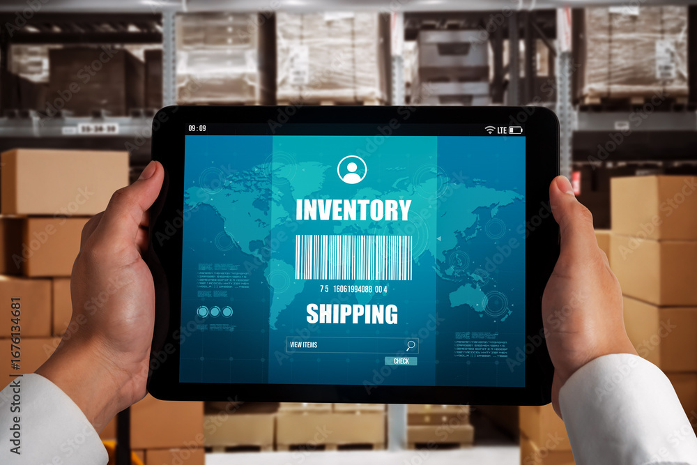 Poster warehouse management innovative software in computer for real time monitoring of goods package deliv