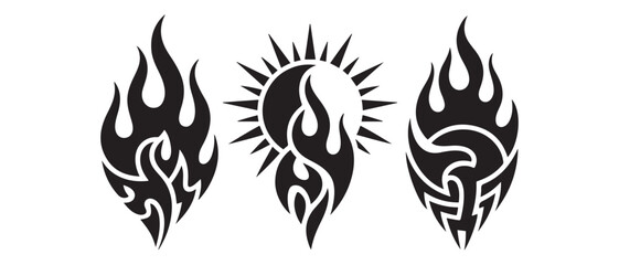 Vector Tribal tattoo set Sun, Flame Designs. Vector black silhouette. with white background
