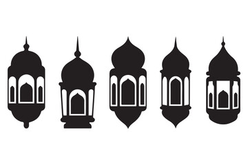 Islamic lantern silhouette icon bundle set in black and white isolated flat vector illustration for eid celebration. Vector black silhouette. with white background