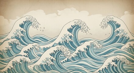 Fototapeta premium Vintage Ocean Waves Illustration in Japanese Art Style.