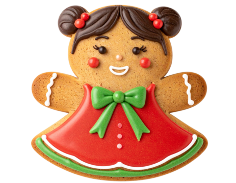  Cute Gingerbread Girl Cookie with Red Dress and Green Bow, Front View, isolated on white background PNG