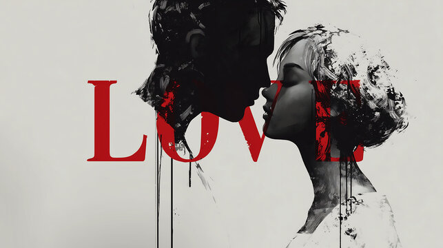 Love couple kissing illustration with typography art in black and red