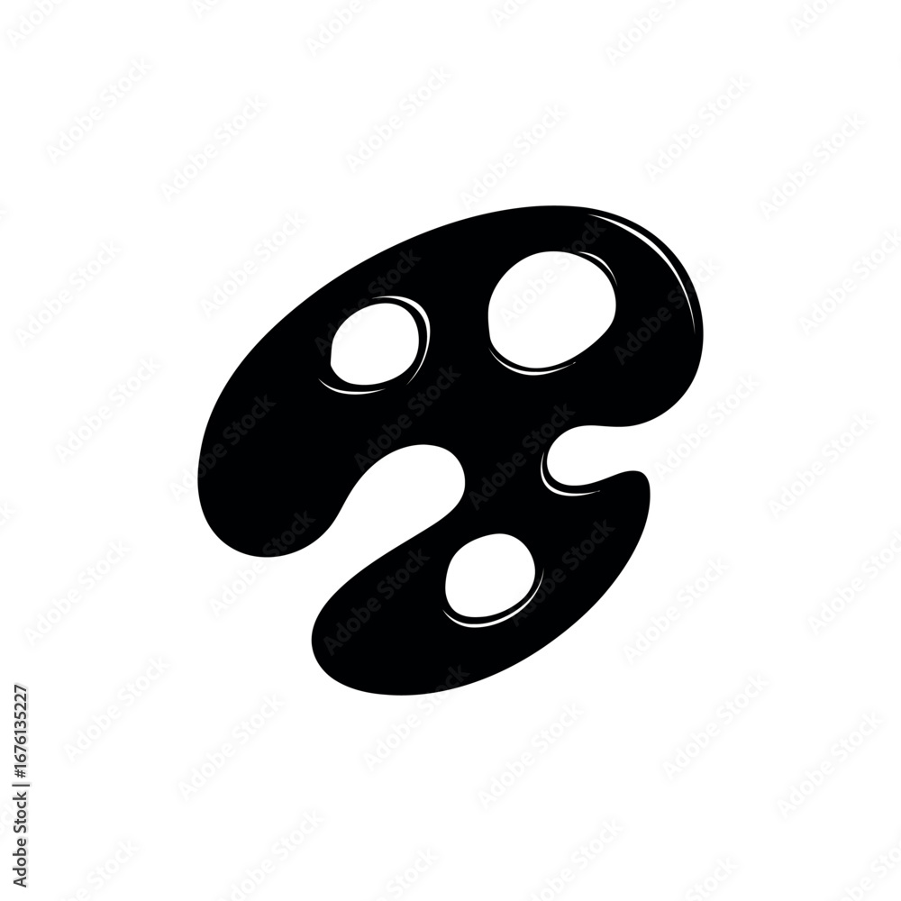 Poster a black abstract shape with rounded edges and circular cutouts on a white background in a simple sty