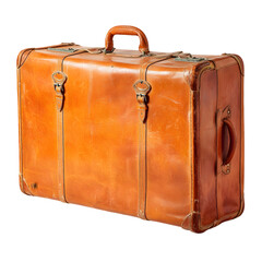 Vintage distressed leather suitcase with buckled straps and sturdy handles isolated on transparent background