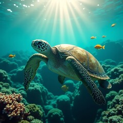 Swimming Turtle in Ocean Sunlight Underwater Marine Life