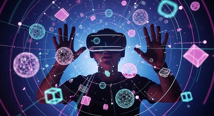 Person wearing vr headset interacting with futuristic digital interface and glowing geometric shapes