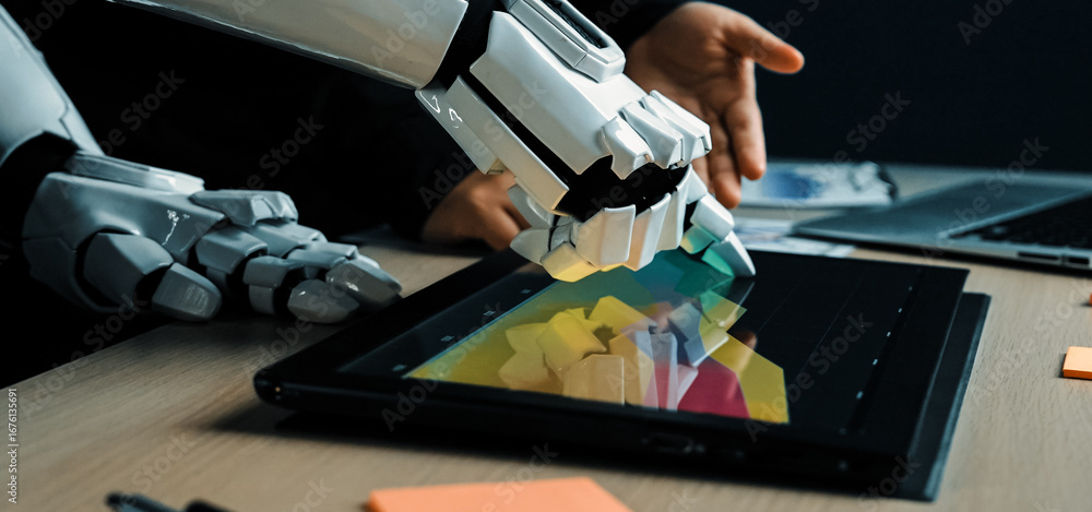 Aufkleber a robot hand interacts with a touchscreen tablet in a modern workspace, showcasing the blend of arti