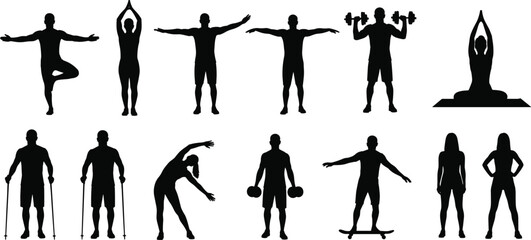 Fitness and wellness silhouette vector with yoga, stretching, dumbbells, resistance bands, skateboard, poses for exercise, balance, and health themes