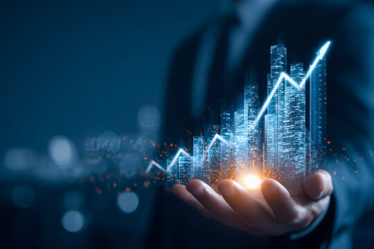 Business professional holding a digital visualization of financial growth and cityscape analytics