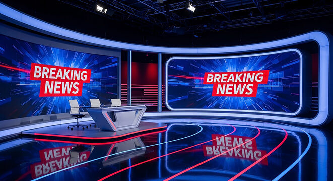 Modern television news studio with breaking news graphics