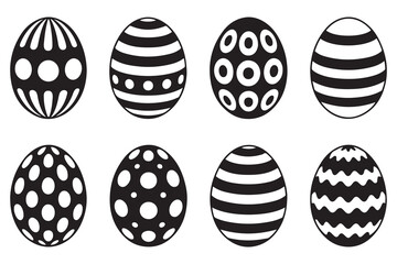 Black and white Easter egg illustrations set. Collection of stylized Easter eggs. Monochrome patterned decorative eggs. Vector black silhouette. with white background
