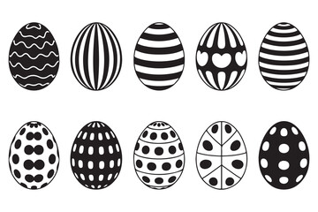 Black and white Easter egg illustrations set. Collection of stylized Easter eggs. Monochrome patterned decorative eggs. Vector black silhouette. with white background