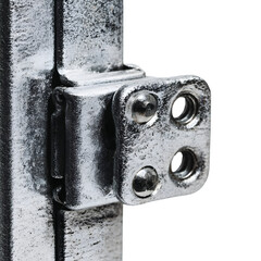 Close up of a heavy duty metal corner bracket with four threaded holes for securing components isolated on transparent background