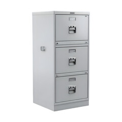 Classic three drawer metal filing cabinet with handles and label holders isolated on transparent background