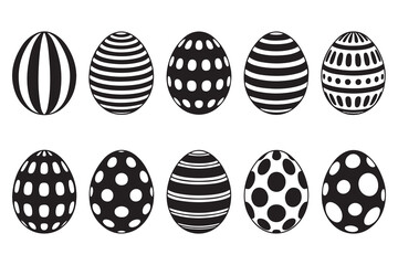 Black and white Easter egg illustrations set. Collection of stylized Easter eggs. Monochrome patterned decorative eggs. Vector black silhouette. with white background