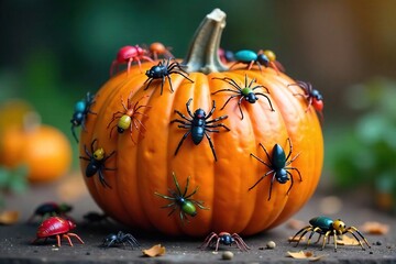 A whimsical arrangement of colorful plastic insects and spiders adorns a Halloween-themed pumpkin, creating a playful and festive pest-themed decoration , cute, festival
