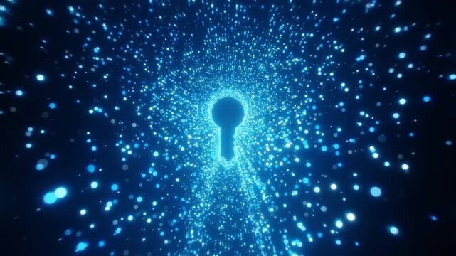 Glowing blue abstract keyhole with cosmic particles and light trails representing digital security and future technology on Alpha Channel - Powered by Adobe