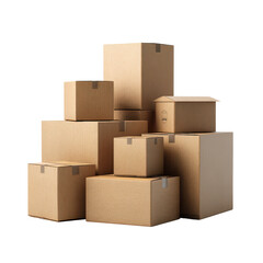 collection of assorted cardboard boxes arranged, isolated on transparent background