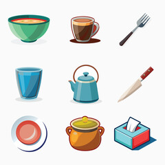 Vector set of black silhouette kitchen tools and hot coffee drink cups