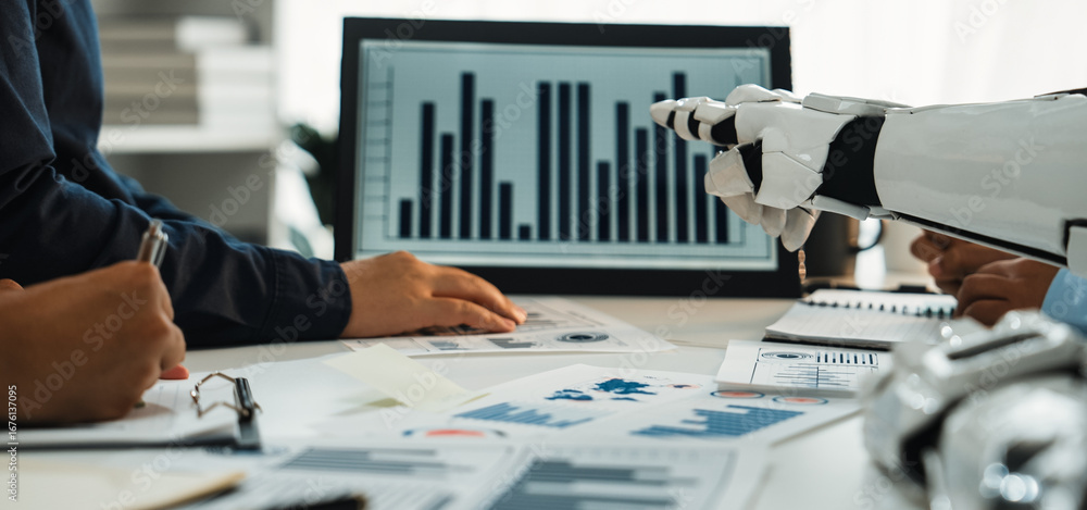 Aufkleber a modern business meeting showing a team analyzing data with a robotic arm interacting with graphs o