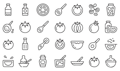 Fototapeta premium Outline vector icons of food preparation including tomato, sauce, pan, knife, salad, and kitchen utensils for gastronomy and dining concepts