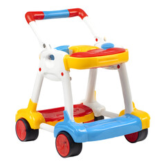 Brightly colored baby walker with red yellow and blue accents for learning to walk and play isolated on transparent background