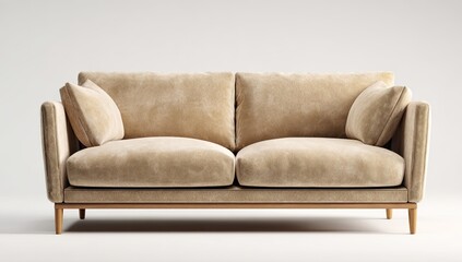 Fototapeta premium Light beige velvet sofa against a plain white backdrop