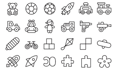 Children’s toy line icons set with teddy bear, rocket, train, doll, car, ball, puzzle, and kite for play, fun, and entertainment design