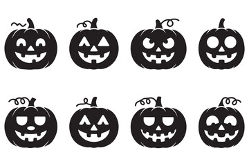 Big Set of Halloween pumpkin emoji vector icon. Vector black silhouette. with white background