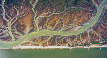 Stunning aerial view of river delta with branching streams and colorful landscape patterns – breathtaking nature photography from above
