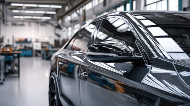 Modern luxury sedan in a sleek, industrial workshop setting