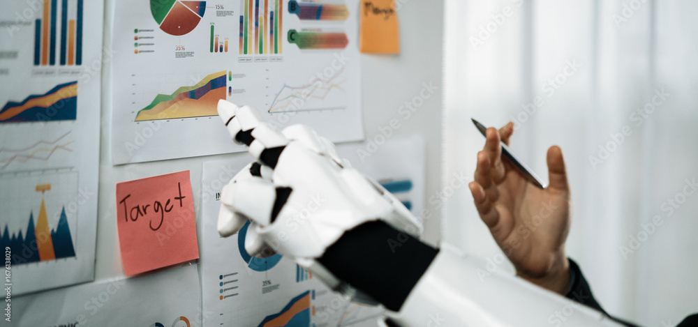 Aufkleber a robotic arm interacts with various infographics and charts in a contemporary office setting, highl