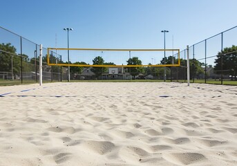 Fototapeta premium Beach volleyball court with net and sand under a clear blue sky on a sunny day for commercial usage and mockups