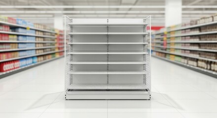Clean blank retail shelving unit in modern grocery store aisle awaiting merchandise