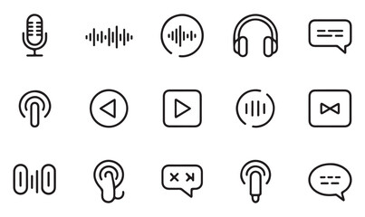 Outline vector icons collection of music, podcast, sound, microphone, headphones, and audio controls for broadcasting and streaming concepts