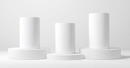 Three white cylindrical podiums on circular bases against a plain white background