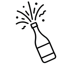 Outline drawing of a champagne bottle with celebratory burst and simple label design in black and white style